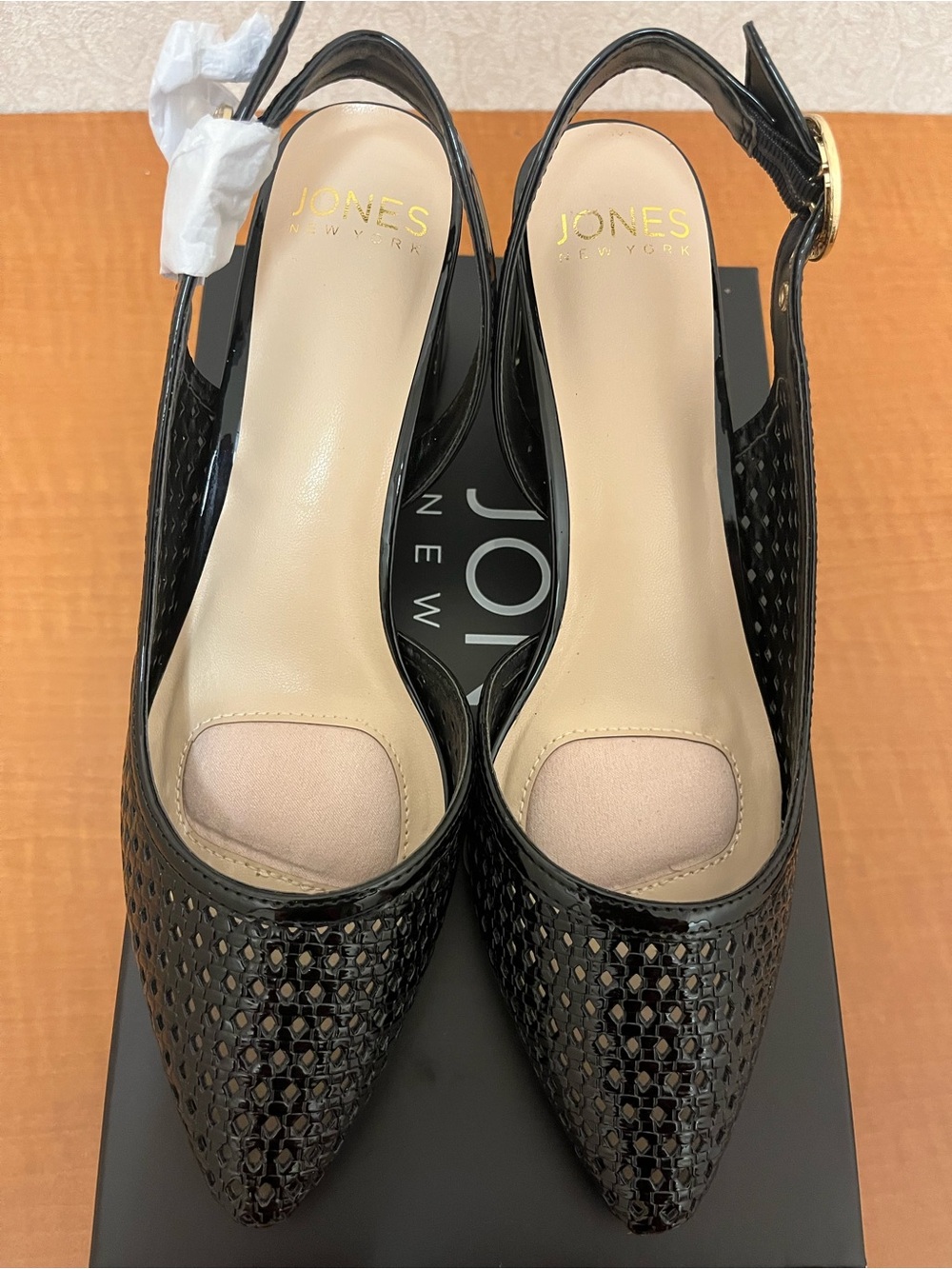 Jones New York Black Patent Perforated Slingback Pumps